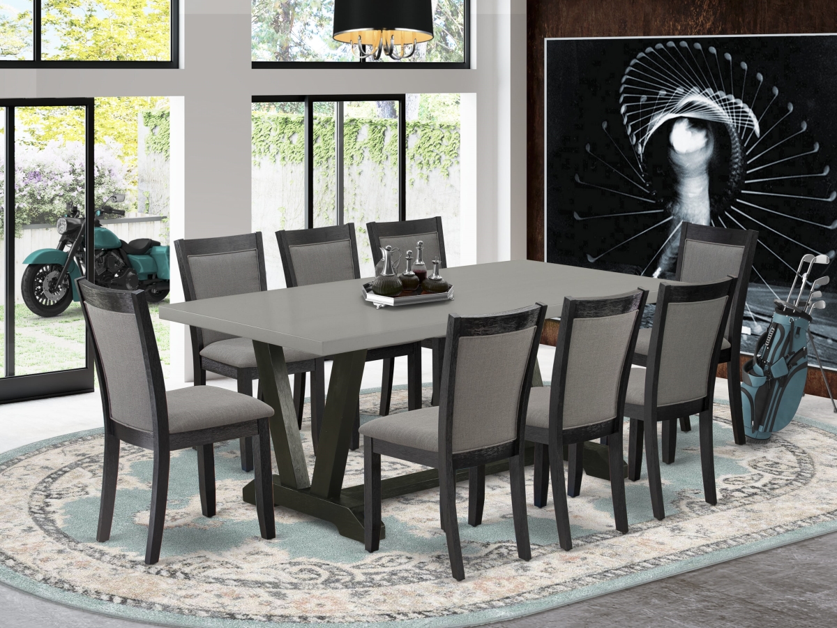 V697MZ650-9 Dining Room Set, Multi-Color - Cement Wood Dining Table with 8 Dark Gotham Gray Parson Chairs - 9 Piece