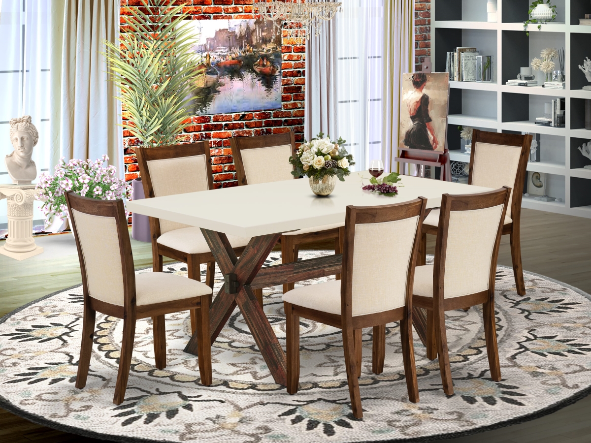 X726MZN32-7 Kitchen Table Set with A Dining Room Table & 6 Light Beige Padded Chairs, Multi-Color - 7 Piece