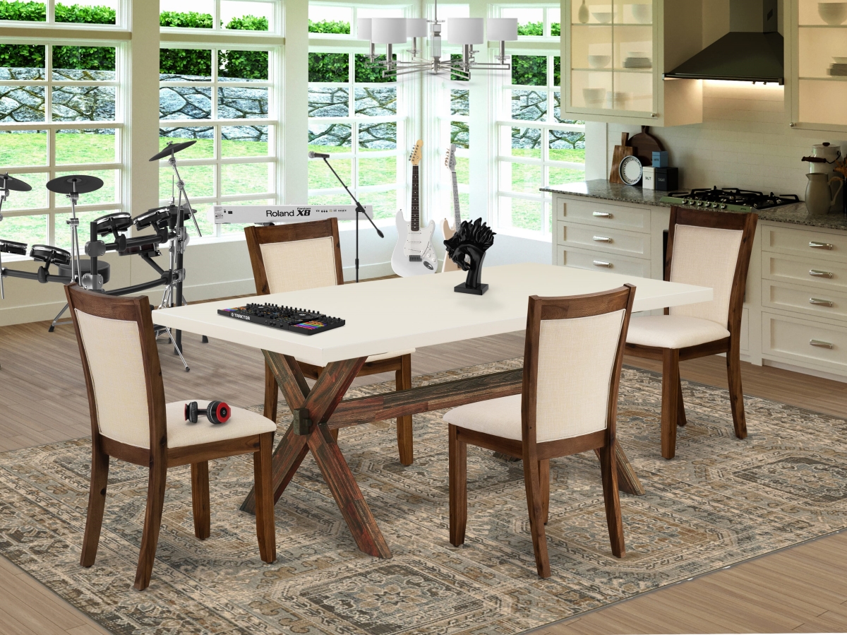 X727MZN32-5 Dining Set Contains A Wooden Dining Table & 4 Light Beige Upholstered Chairs, Multi-Color - 5 Piece