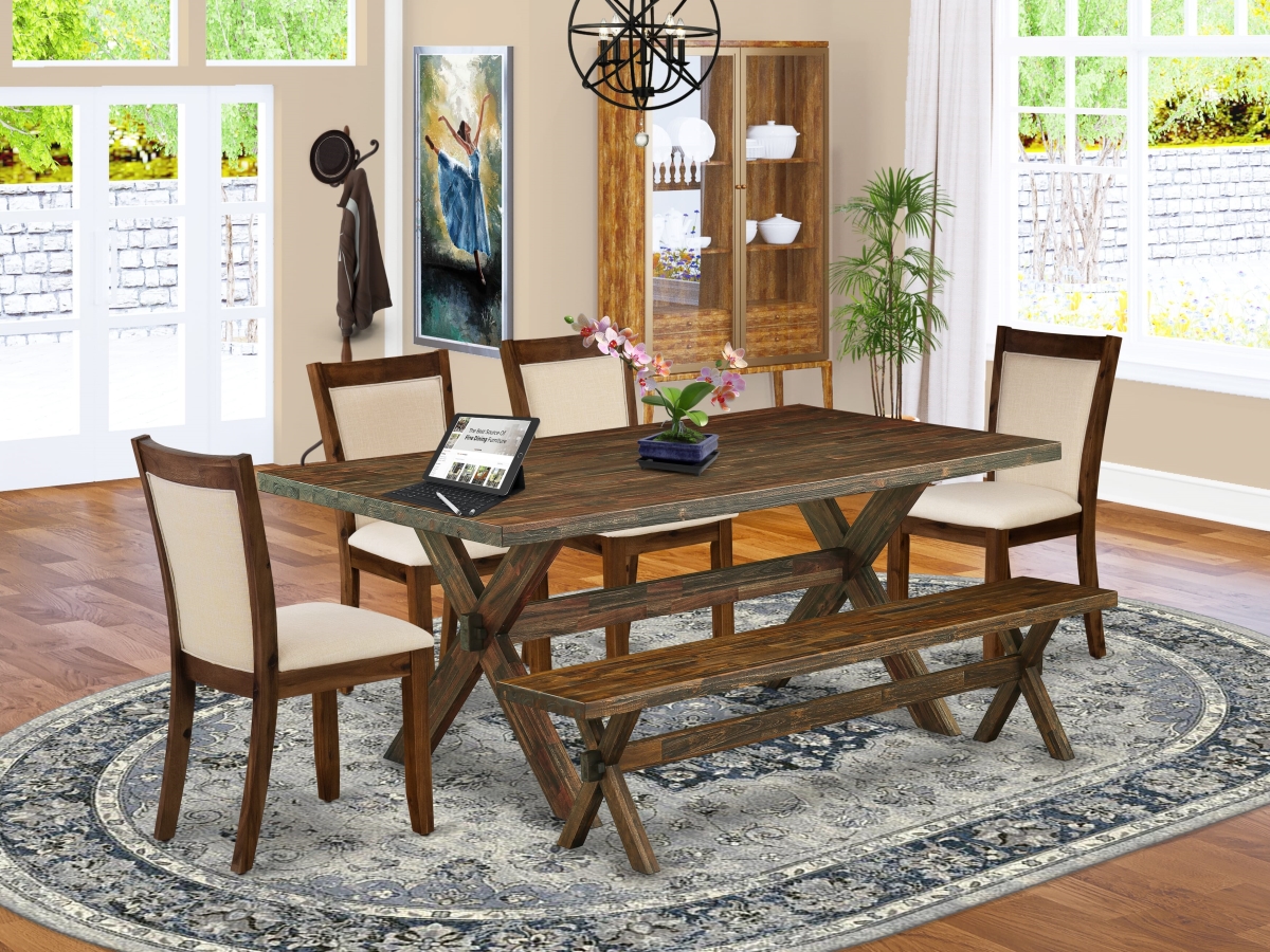 X777MZN32-6 Dining Set with A Wood Table & A Bench with 4 Light Beige Padded Chairs, Multi-Color - 6 Piece