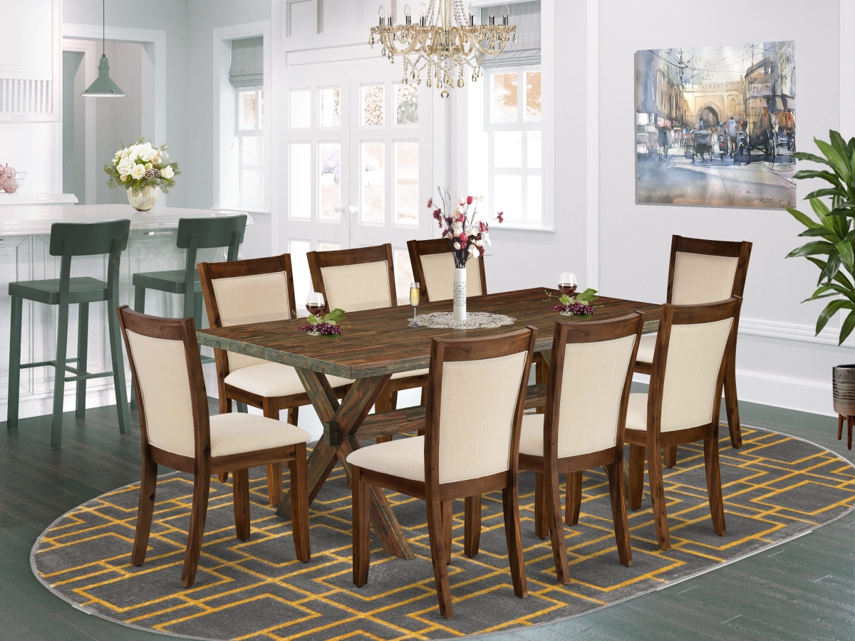 X777MZN32-9 Kitchen Table Set, Multi-Color - A Wooden Dining Table & 8 Light Beige Dining Chairs - 9 Piece