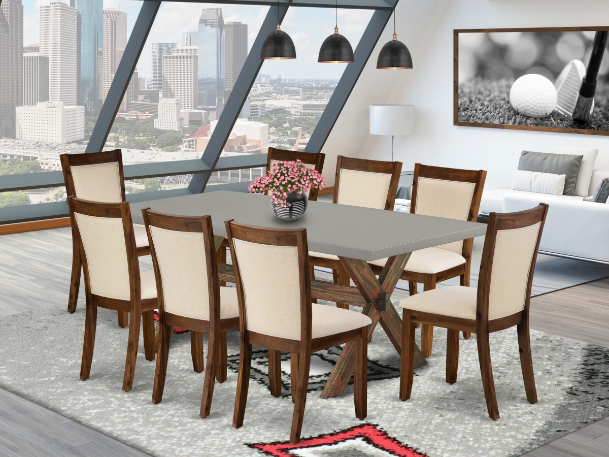 X797MZN32-9 Mid Century Dining Set with A Wood Table & 8 Light Beige Upholstered Chairs, Multi-Color - 9 Piece
