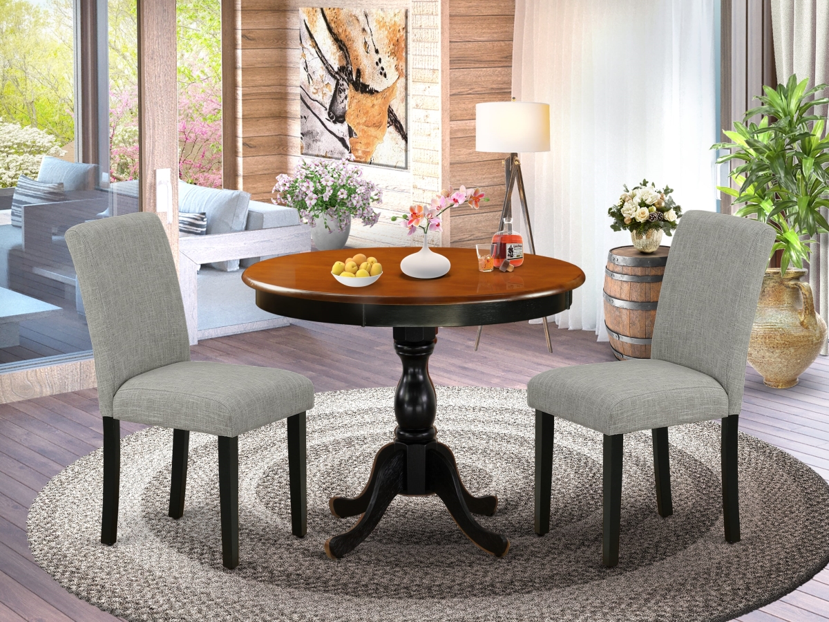 AMAB3-BCH-06 Dinning Room Set Contains A Round Dining Room Table & 2 Shitake Linen Fabric Dinner Chairs, Black & Cherry - 3 Piece