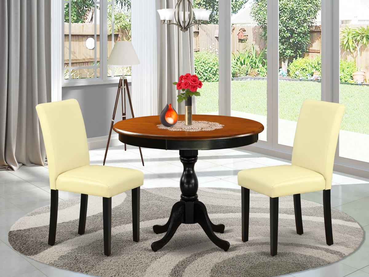 AMAB3-BCH-73 Dining Room Set with A Mid Century Dining Table & 2 Eggnog Pu Faux Leather Parsons Chairs, Black & Cherry - 3 Piece