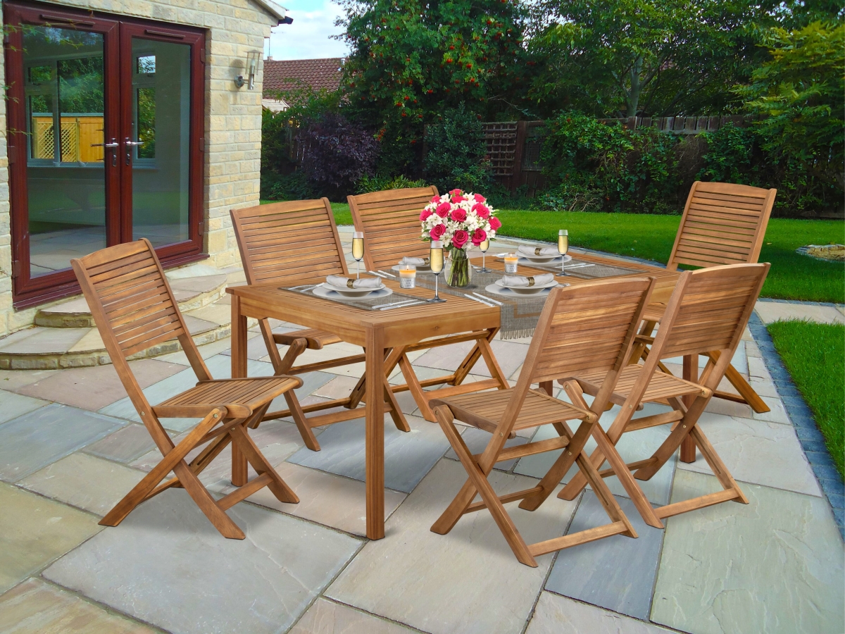 CMFM7CWNA Patio Dining Set, Natural Oil - A Rectangle Acacia Wood Table & 6 Folding Side Chairs- 36 x 66 in. - 7 Piece
