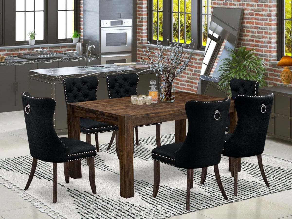 CNDA7-07-T24 Kitchen Table Set, Jacobean - A Rectangle Rustic Wood Dining Table & 6 Chairs - 7 Piece
