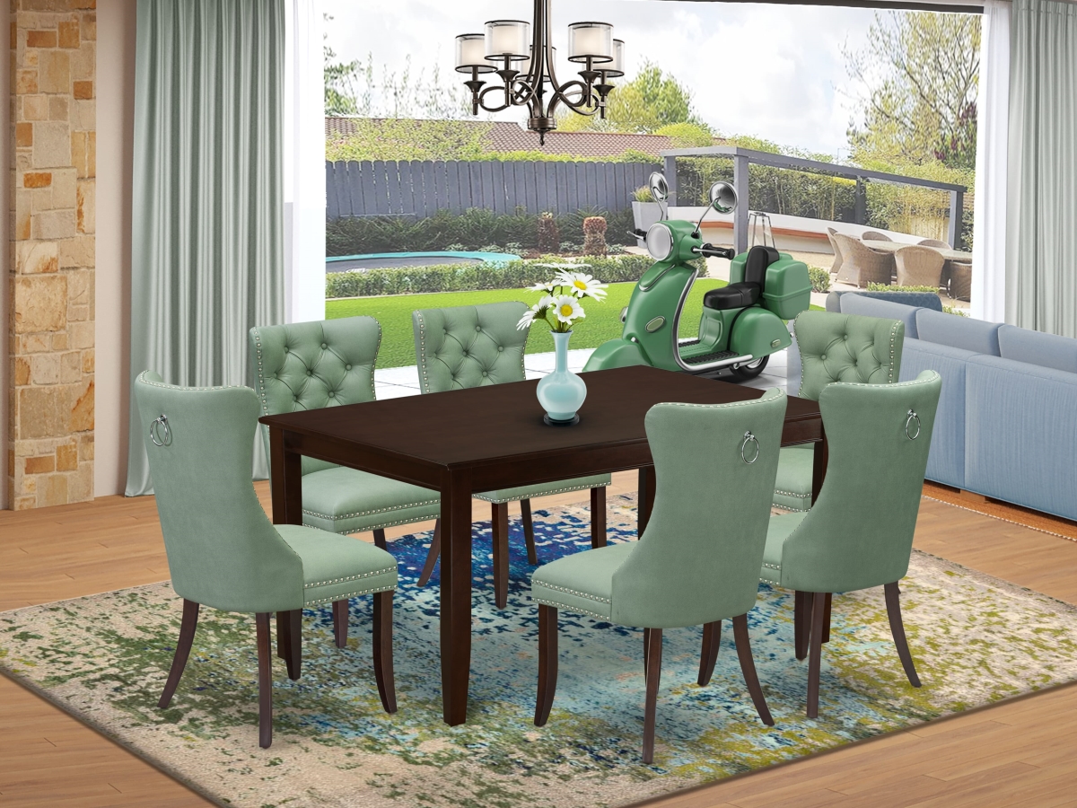 DUDA7-MAH-22 Dining Set, Mahogany - A Rectangle Kitchen Table & 6 Upholstered Parson Chairs - 7 Piece