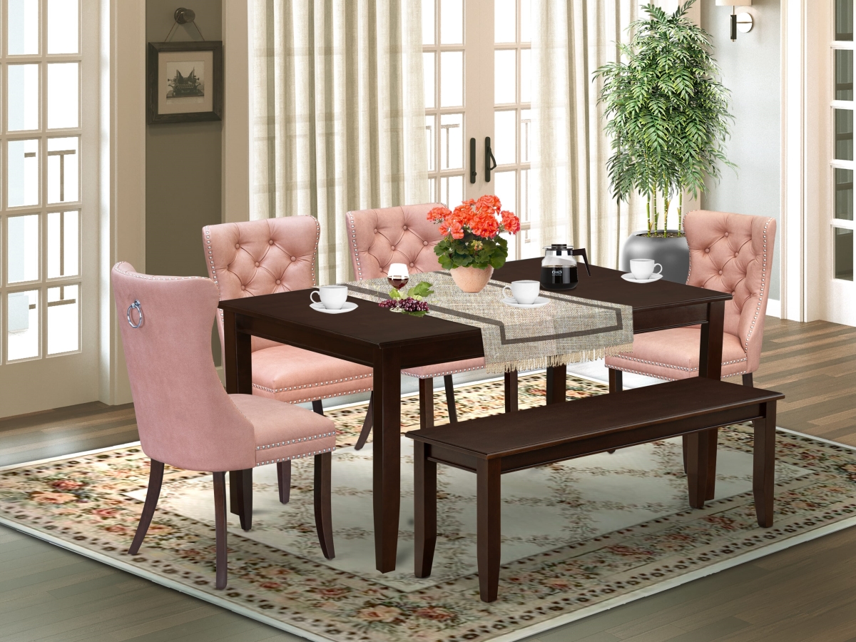 DUDA6-MAH-23 Dining Set Contains A Rectangle Kitchen Table & 4 Padded Chairs with A Bench, Mahogany - 6 Piece
