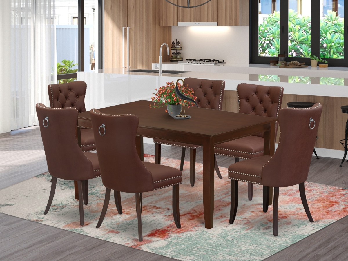 DUDA7-MAH-26 Dinette Set with A Rectangle Dining Table & 6 Upholstered Chairs, Mahogany - 7 Piece