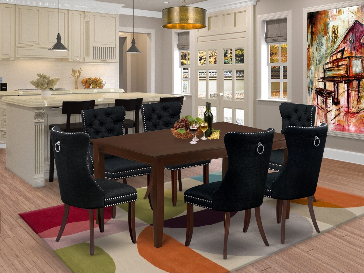 DUDA7-MAH-24 Kitchen Table Set, Mahogany - A Rectangle Dining Table & 6 Upholstered Chairs - 7 Piece