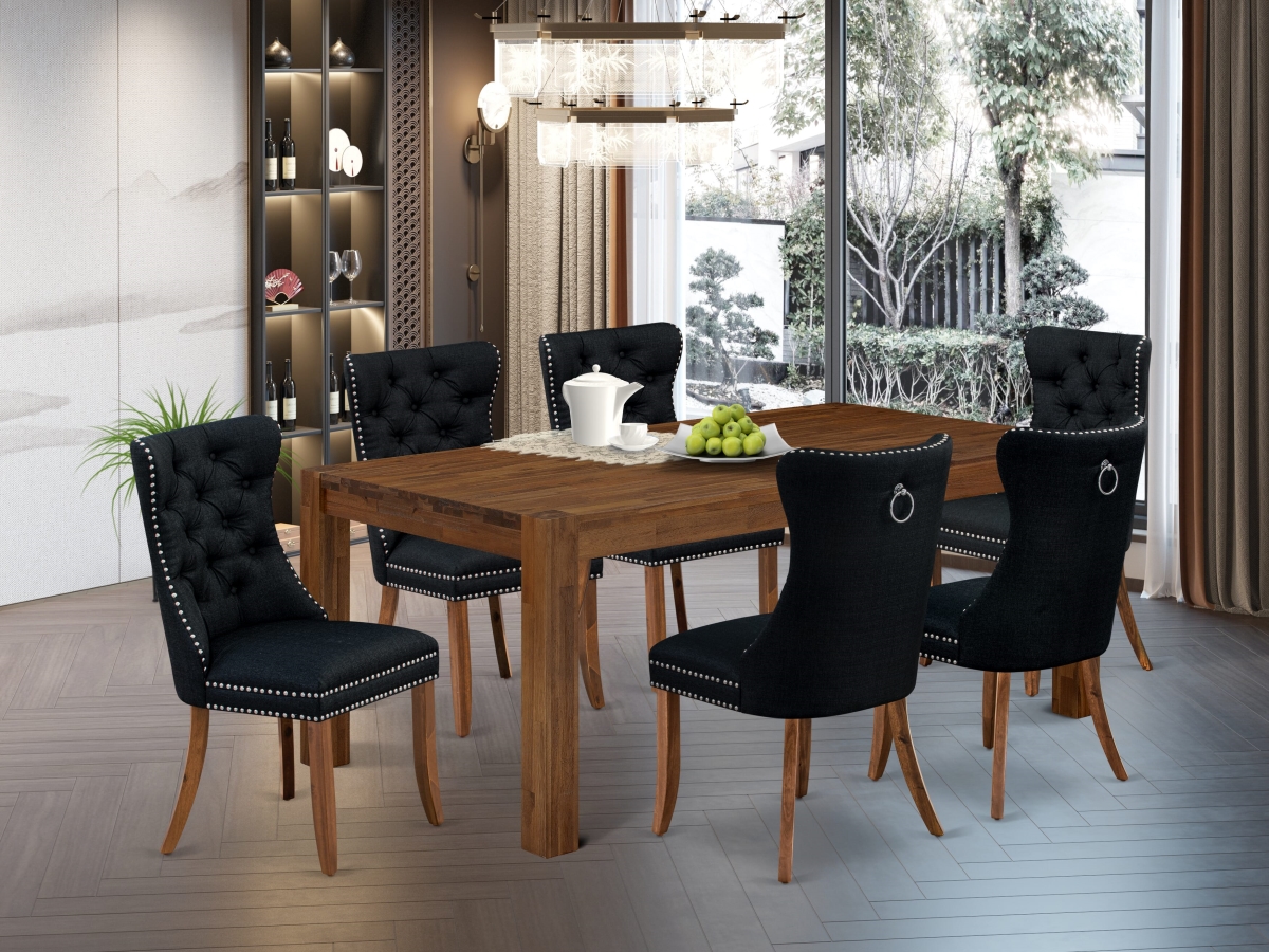 LMDA7-0N-T24 Dining Set - A Rectangle Rustic Wood Kitchen Table & 6 Chairs, Walnut - 7 Piece