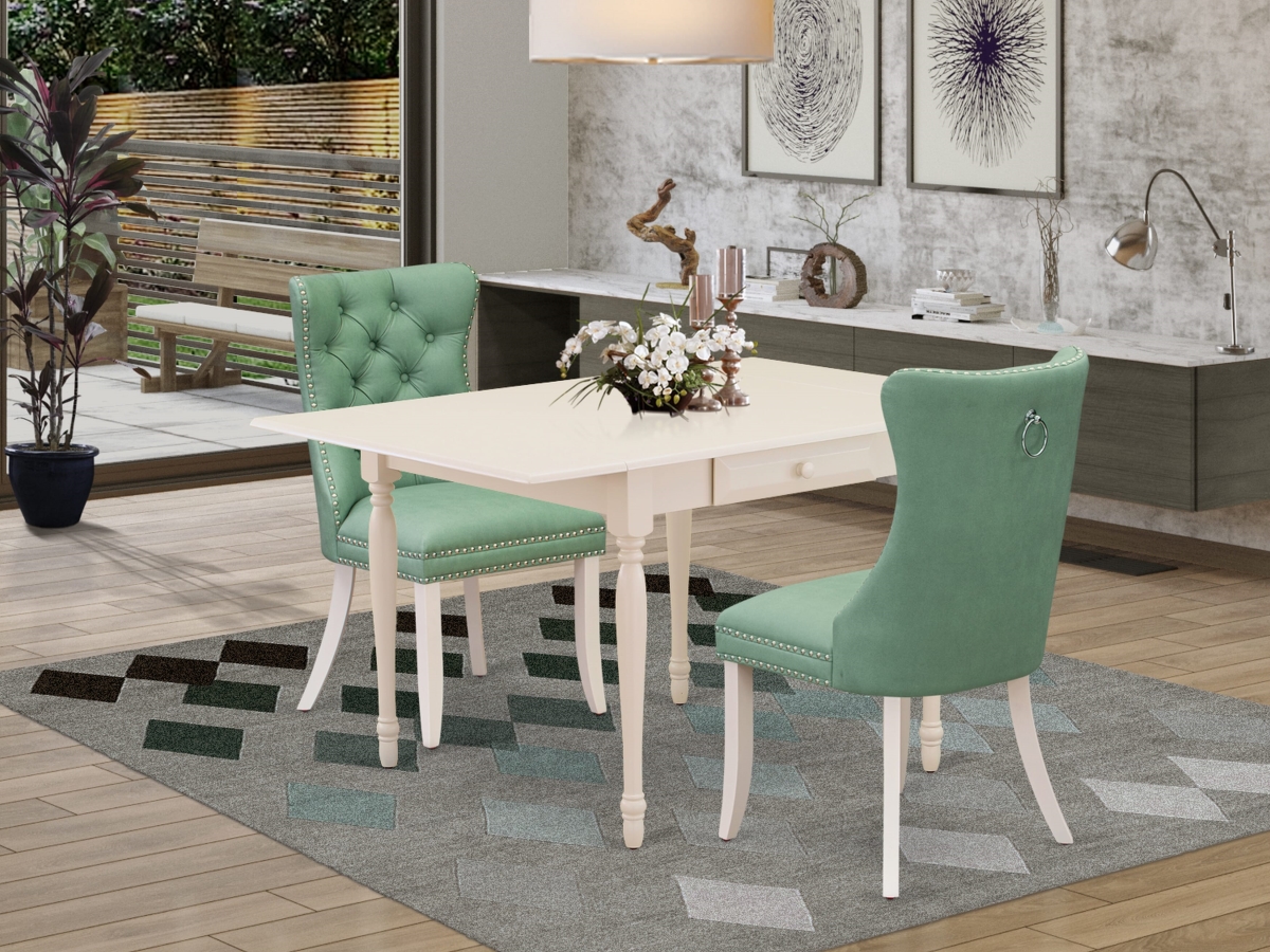 MZDA3-LWH-22 Dining Set, Linen White - A Rectangle Kitchen Table with Dropleaf & 2 Upholstered Parson Chairs - 3 Piece