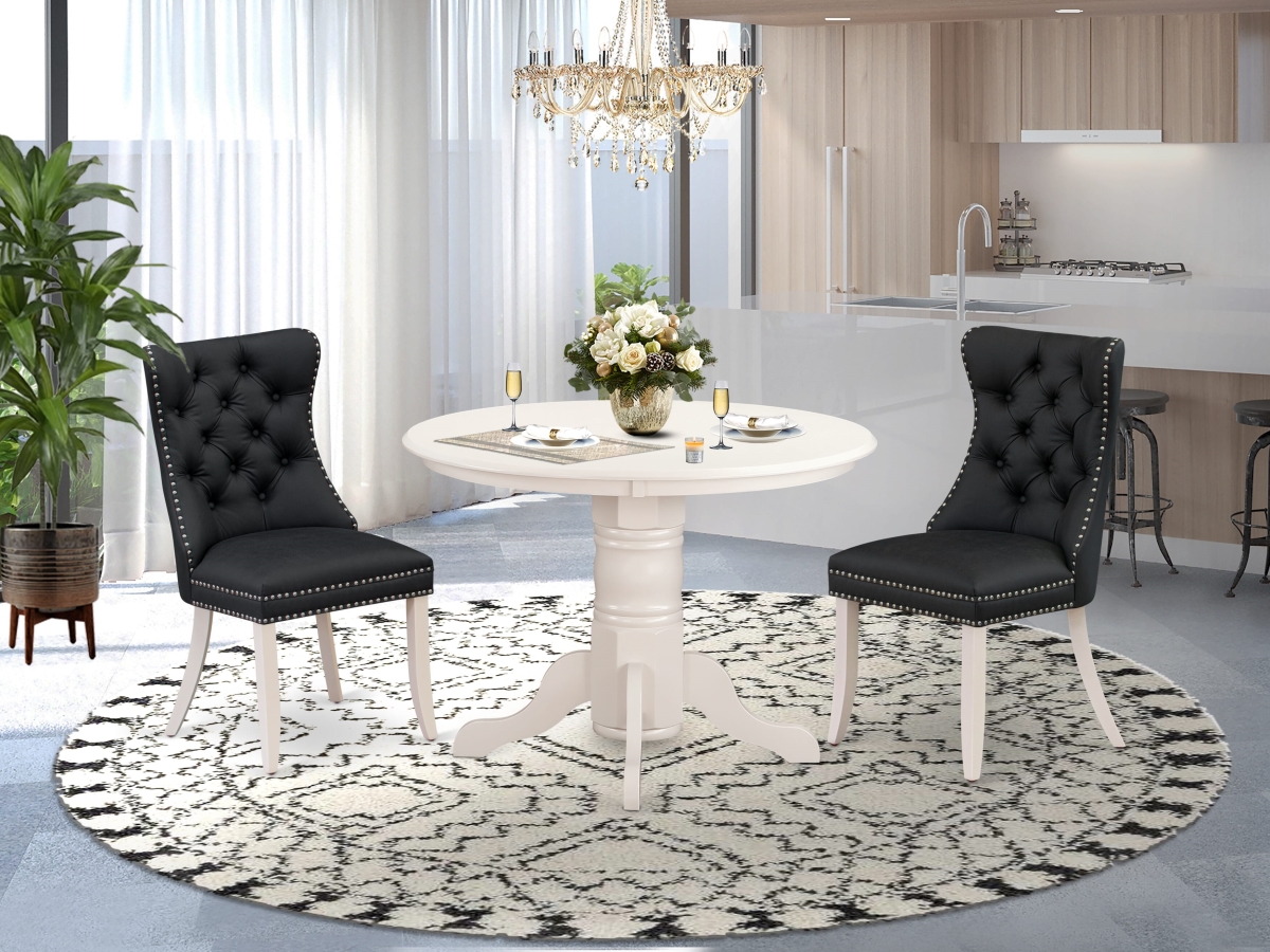SHDA3-WHI-12 Dining Set, Linen White - A Round Kitchen Table with Pedestal & 2 Upholstered Parson Chairs - 3 Piece