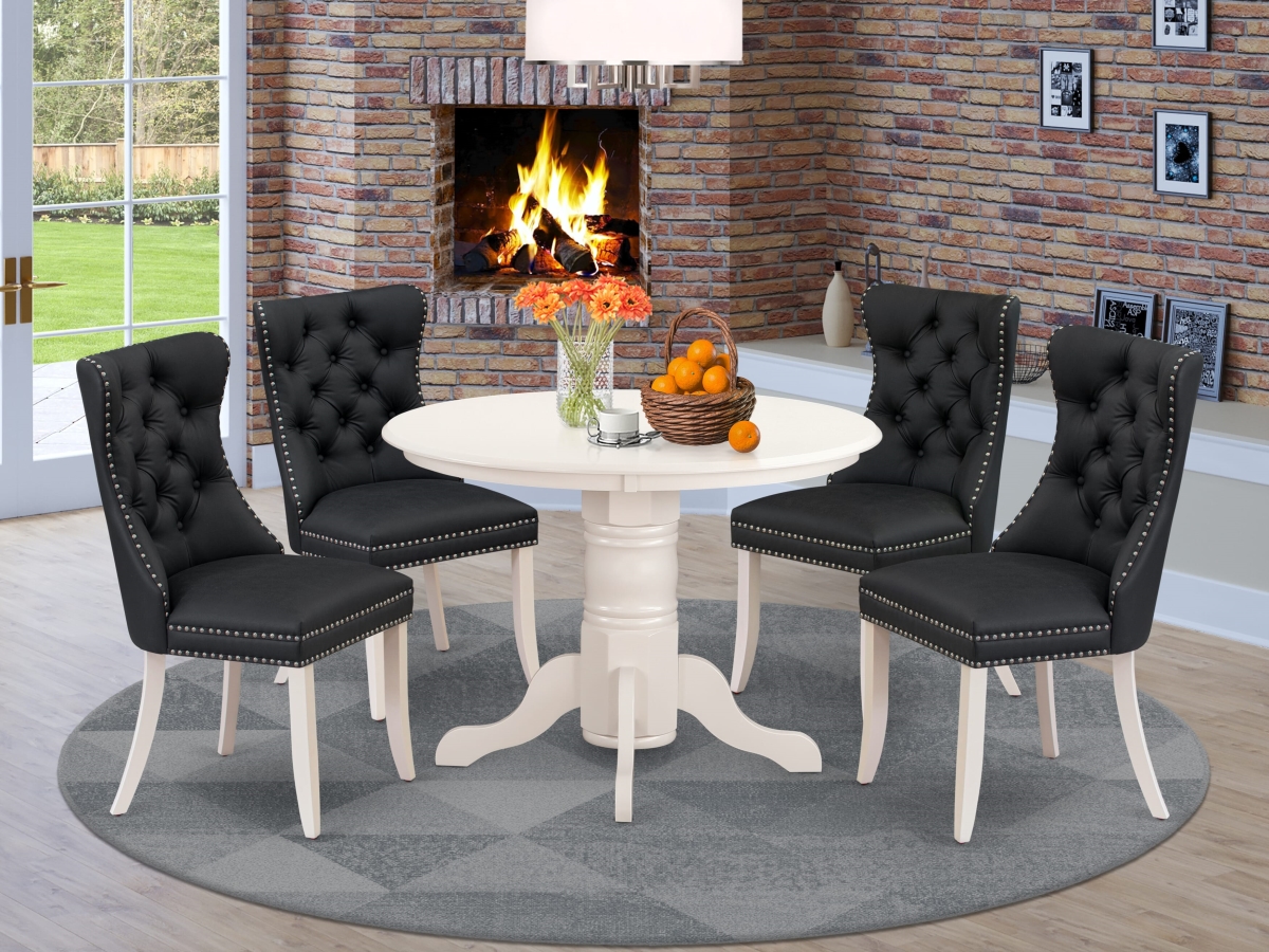 SHDA5-WHI-12 Dinette Set Contains A Round Dining Table with Pedestal & 4 Upholstered Parson Chairs, Linen White - 5 Piece