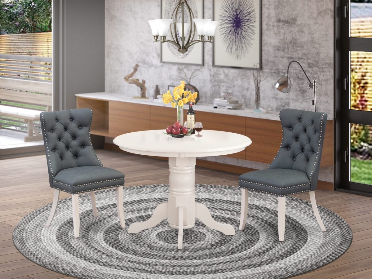 SHDA3-WHI-13 Kitchen Table Set with A Round Dining Table with Pedestal & 2 Upholstered Chairs, Linen White - 3 Piece