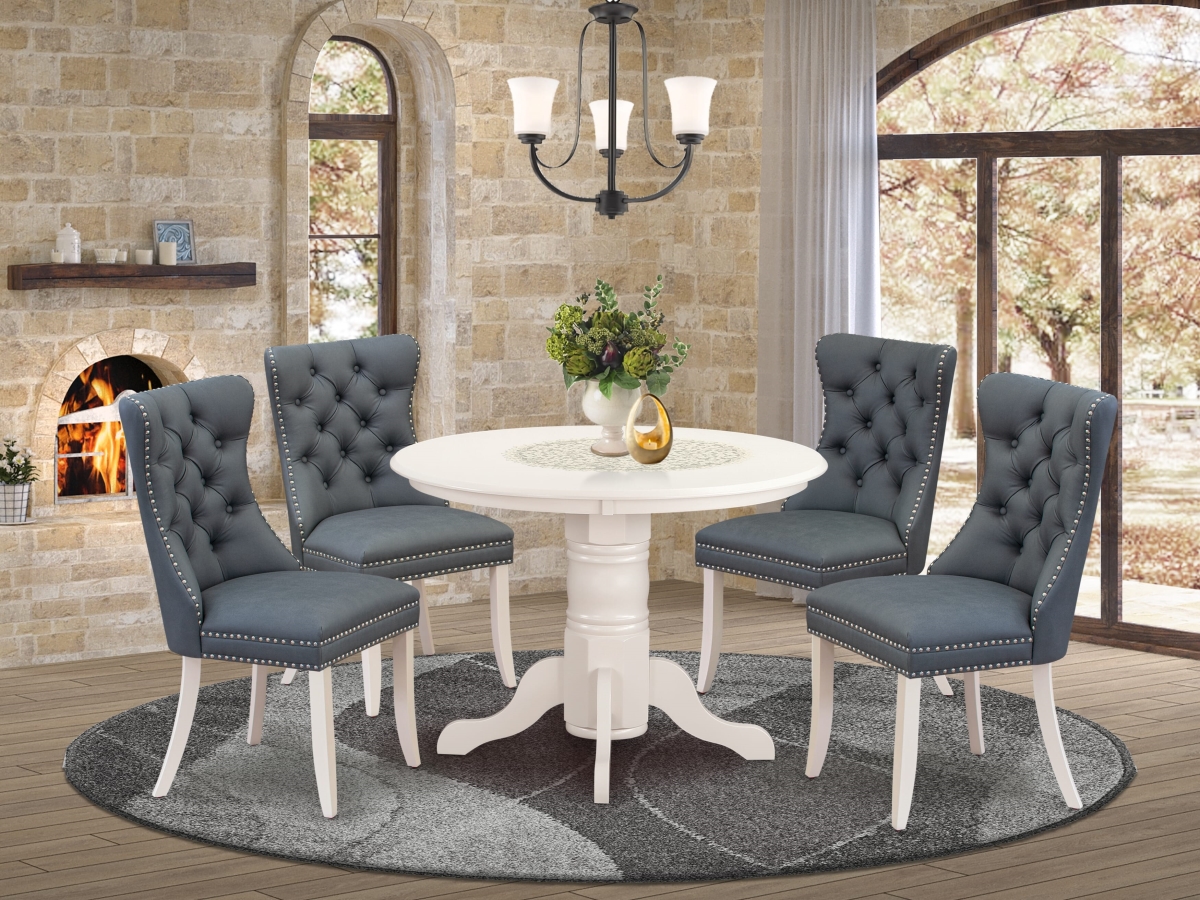 SHDA5-WHI-13 Kitchen Set, Linen White - A Round Dining Table with Pedestal & 4 Upholstered Parson Chairs - 5 Piece
