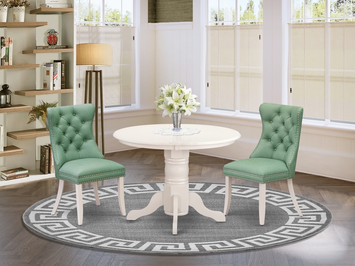 SHDA3-WHI-22 Dinette Set, Linen White - A Round Dining Table with Pedestal & 2 Upholstered Chairs - 3 Piece