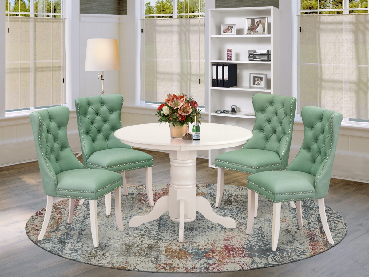 SHDA5-WHI-22 Kitchen Set Contains A Round Dining Table with Pedestal & 4 Upholstered Parson Chairs, Linen White - 5 Piece