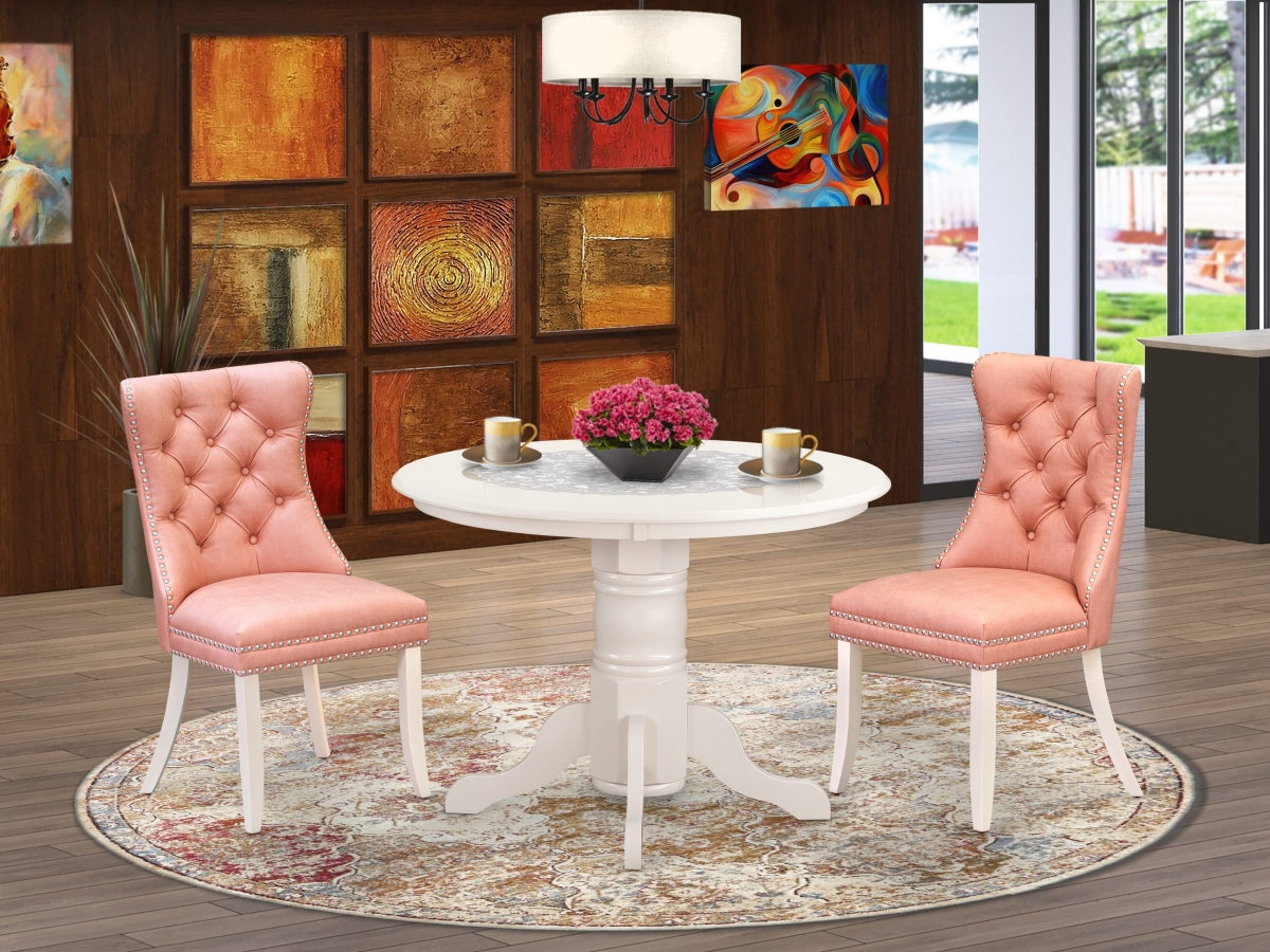 SHDA3-WHI-23 Dining Room Set with A Round Dining Table with Pedestal & 2 Upholstered Chairs, Linen White - 3 Piece