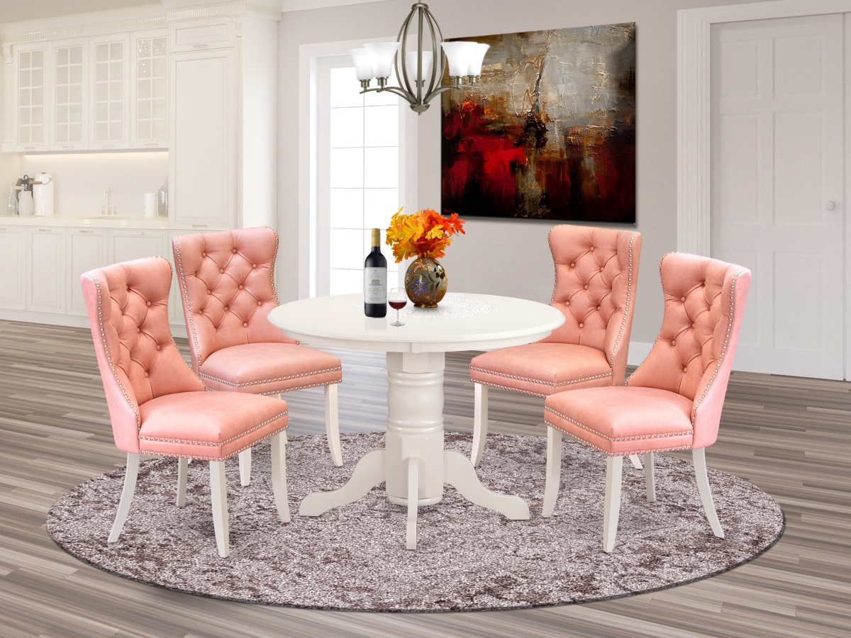 SHDA5-WHI-23 Dining Set, Linen White - A Round Kitchen Table with Pedestal & 4 Upholstered Parson Chairs - 5 Piece