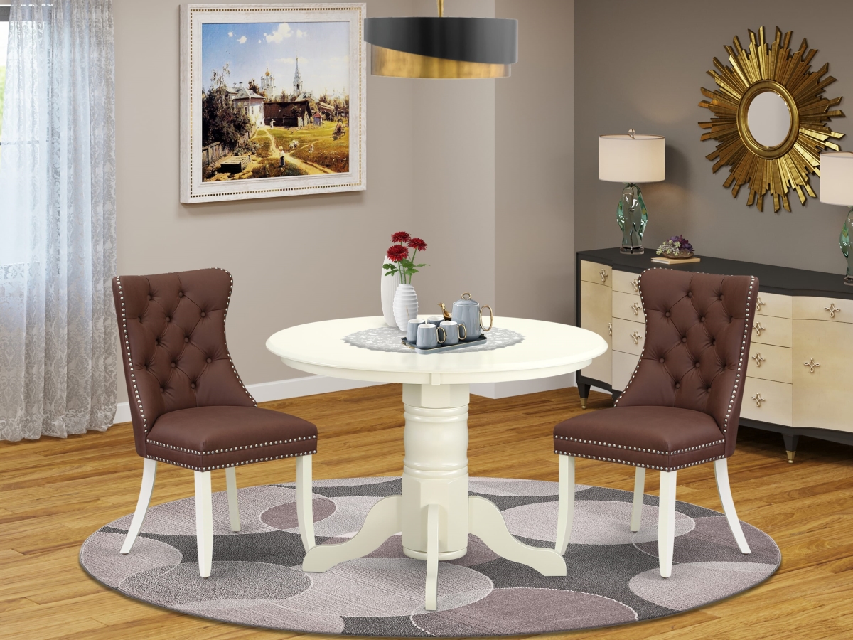 SHDA3-WHI-26 Kitchen Table Set, Linen White - A Round Dining Table with Pedestal & 2 Upholstered Chairs - 3 Piece