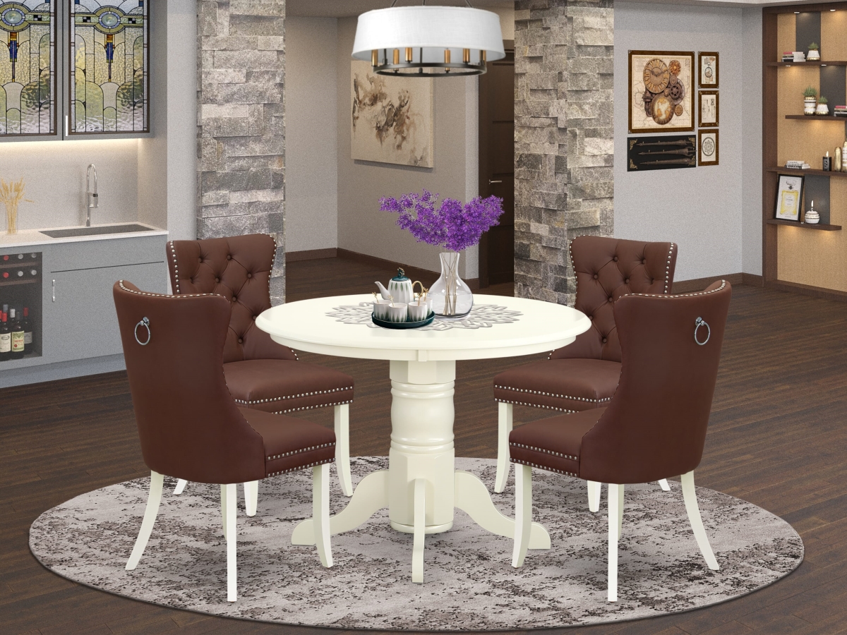 SHDA5-WHI-26 Kitchen Table Set Contains A Round Dining Table with Pedestal & 4 Upholstered Chairs, Linen White - 5 Piece