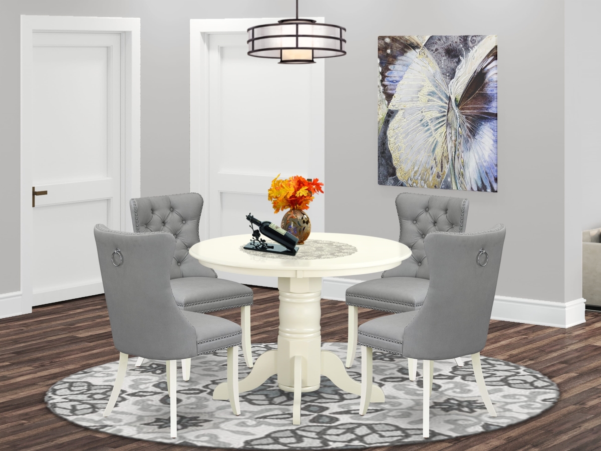 SHDA5-WHI-27 Kitchen Table Set, Linen White - A Round Dining Table with Pedestal & 4 Upholstered Chairs - 5 Piece