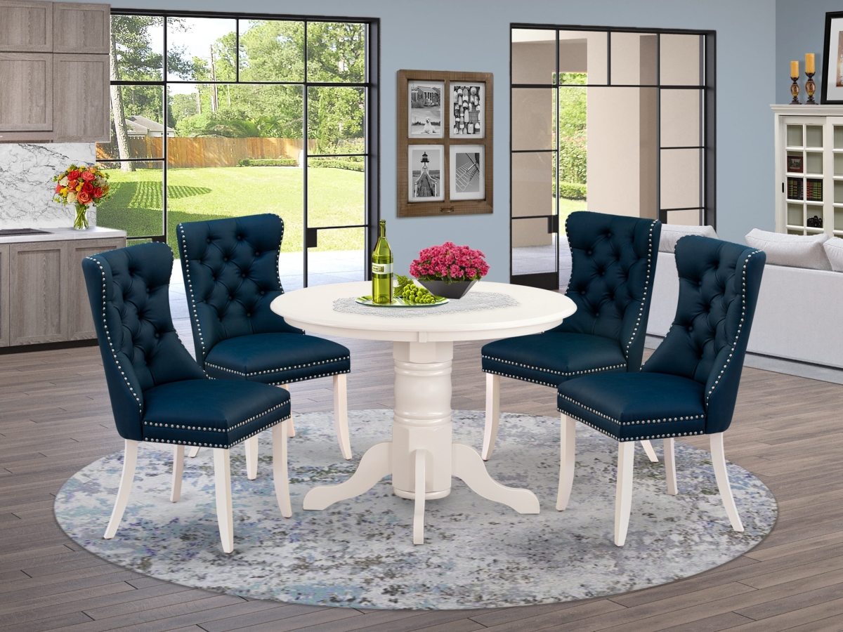 SHDA5-WHI-29 Kitchen Table Set with A Round Dining Table with Pedestal & 4 Padded Chairs, Linen White - 5 Piece