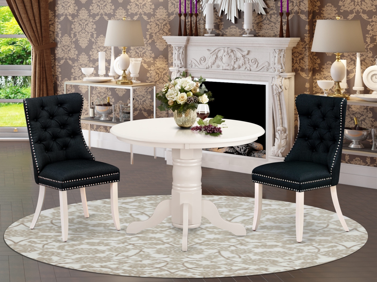 SHDA3-WHI-24 Dining Room Set, Linen White - A Round Wooden Table with Pedestal & 2 Padded Chairs - 3 Piece