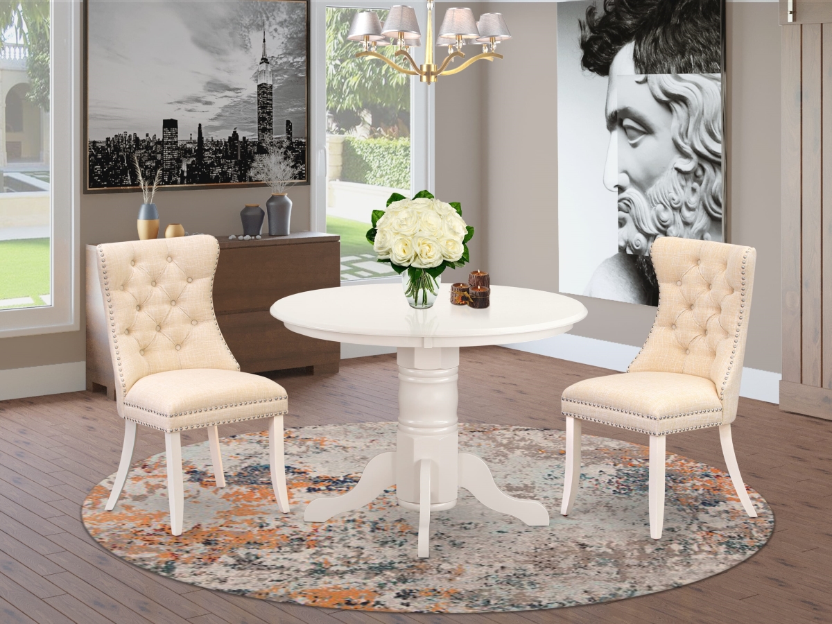SHDA3-WHI-32 Kitchen Table Set, Linen White - A Round Dining Table with Pedestal & 2 Upholstered Chairs - 3 Piece