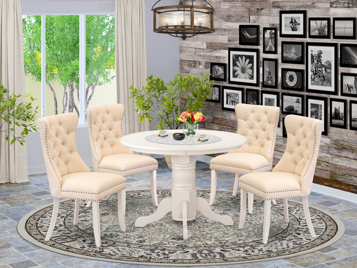 SHDA5-WHI-32 Dining Set, Linen White - A Round Kitchen Table with Pedestal & 4 Padded Chairs - 5 Piece