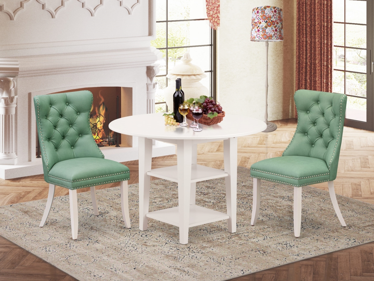 SUDA3-LWH-22 Dinette Set, Linen White - A Round Dining Table with Dropleaf & Shelves & 2 Upholstered Chairs - 3 Piece
