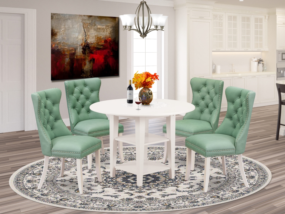 SUDA5-LWH-22 Dinette Set Contains A Round Dining Table with Dropleaf & Shelves & 4 Upholstered Chairs, Linen White - 5 Piece