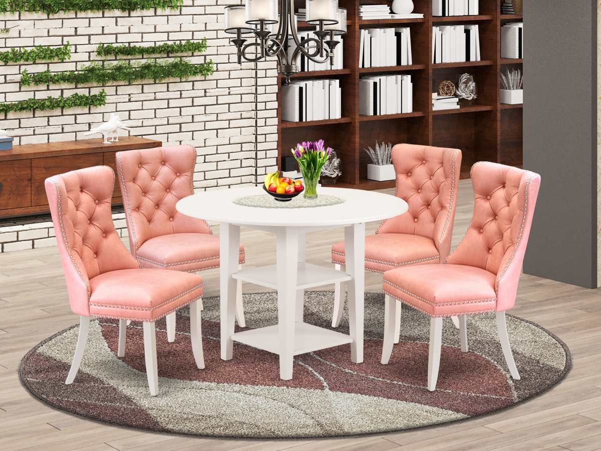 SUDA5-LWH-23 Dining Set with A Round Kitchen Table with Dropleaf & Shelves & 4 Chairs, Linen White - 5 Piece