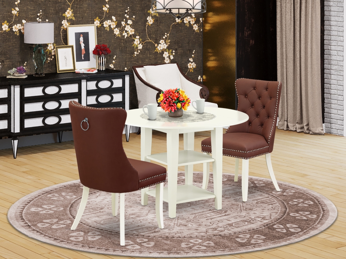 SUDA3-LWH-26 Kitchen Set with A Round Dining Table with Dropleaf & Shelves & 2 Chairs, Linen White - 3 Piece
