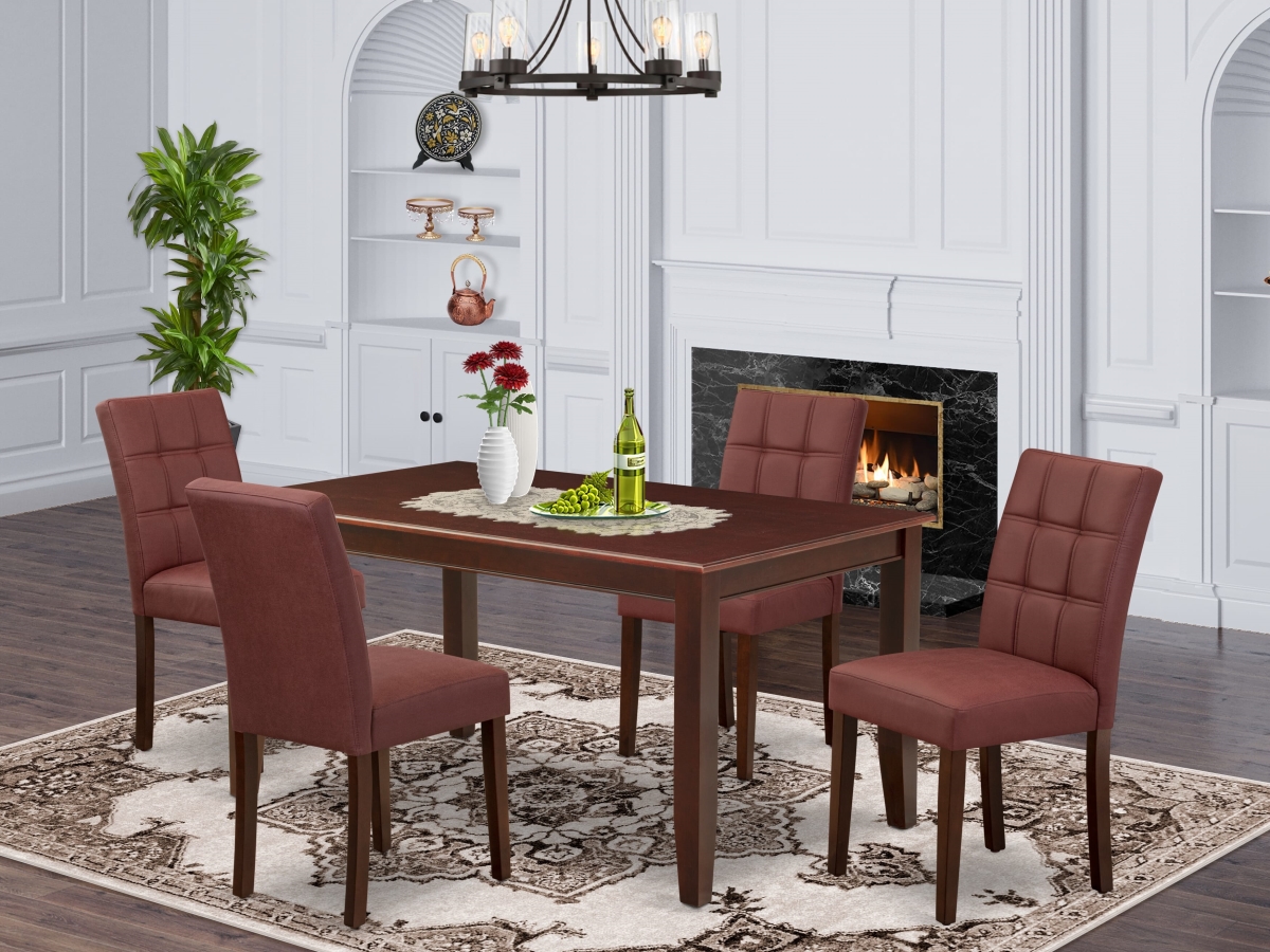 DUAS5-MAH-26 Dining Set, Mahogany - A Dinner Table & 4 Burgundy Faux Leather Dining Chairs - 5 Piece