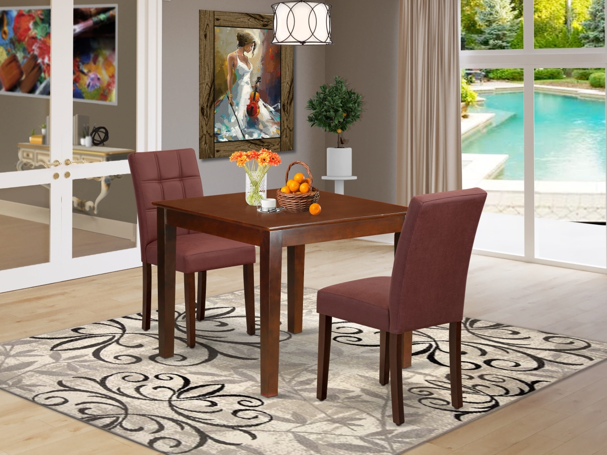 OXAS3-MAH-26 Dining Set, Mahogany - A Dinner Table & 2 Burgundy Faux Leather Modern Chairs - 3 Piece