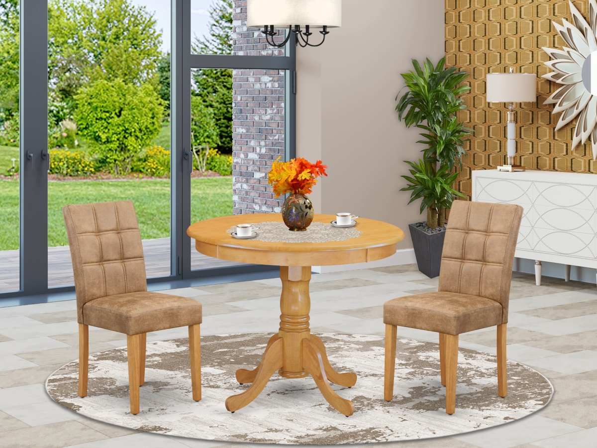 ANAS3-OAK-28 Modern Dining Set, Oak - A Dining Room Table & 2 Brown Textured Faux Leather Upholstered Dining Chairs - 3 Piece