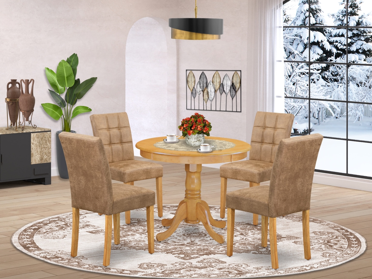 ANAS5-OAK-28 Mid Century Dining Set, Oak - A Dinning Table & 4 Brown Textured Faux Leather Padded Chairs - 5 Piece