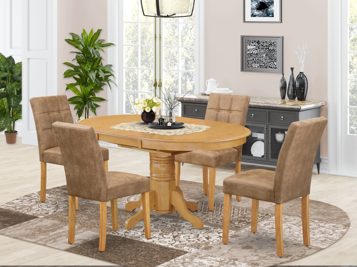 AVAS5-OAK-28 Modern Dining Set, Oak - A Dinner Table & 4 Brown Textured Faux Leather Upholstered Chairs - 5 Piece