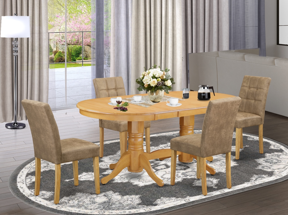VAAS5-OAK-28 Modern Dining Set Consists, Oak - A Dinner Table & 4 Brown Textured Faux Leather Upholstered Chairs - 5 Piece