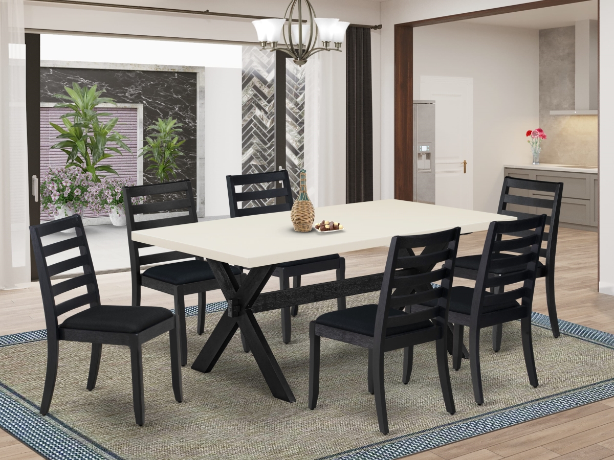 X627X1624-7 Dining Set, Linen White - A Wooden Table & 6 Stackable Chairs with Black Linen Fabric - 7 Piece