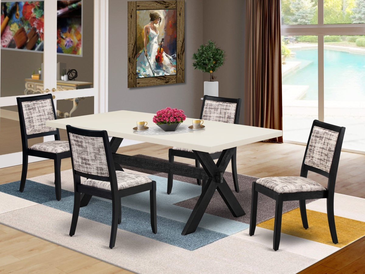 X627X2630-5 Kitchen Table Set, Linen White - A Table & 4 Stackable Chairs with White & Gray Pattern Faux Leather Fabric - 5 Piece