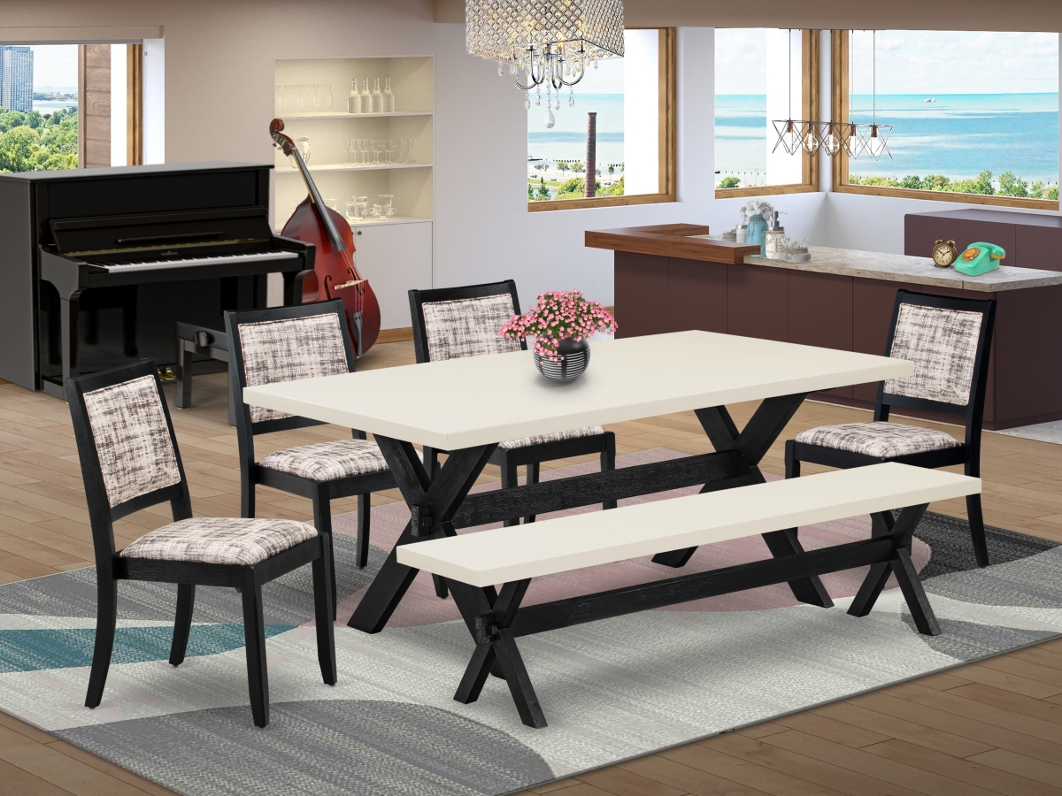 X627X2630-6 Dining Set, Linen White - A Table a Bench & 4 Stackable Chairs with White & Gray Pattern Faux Leather Fabric - 6 Piece