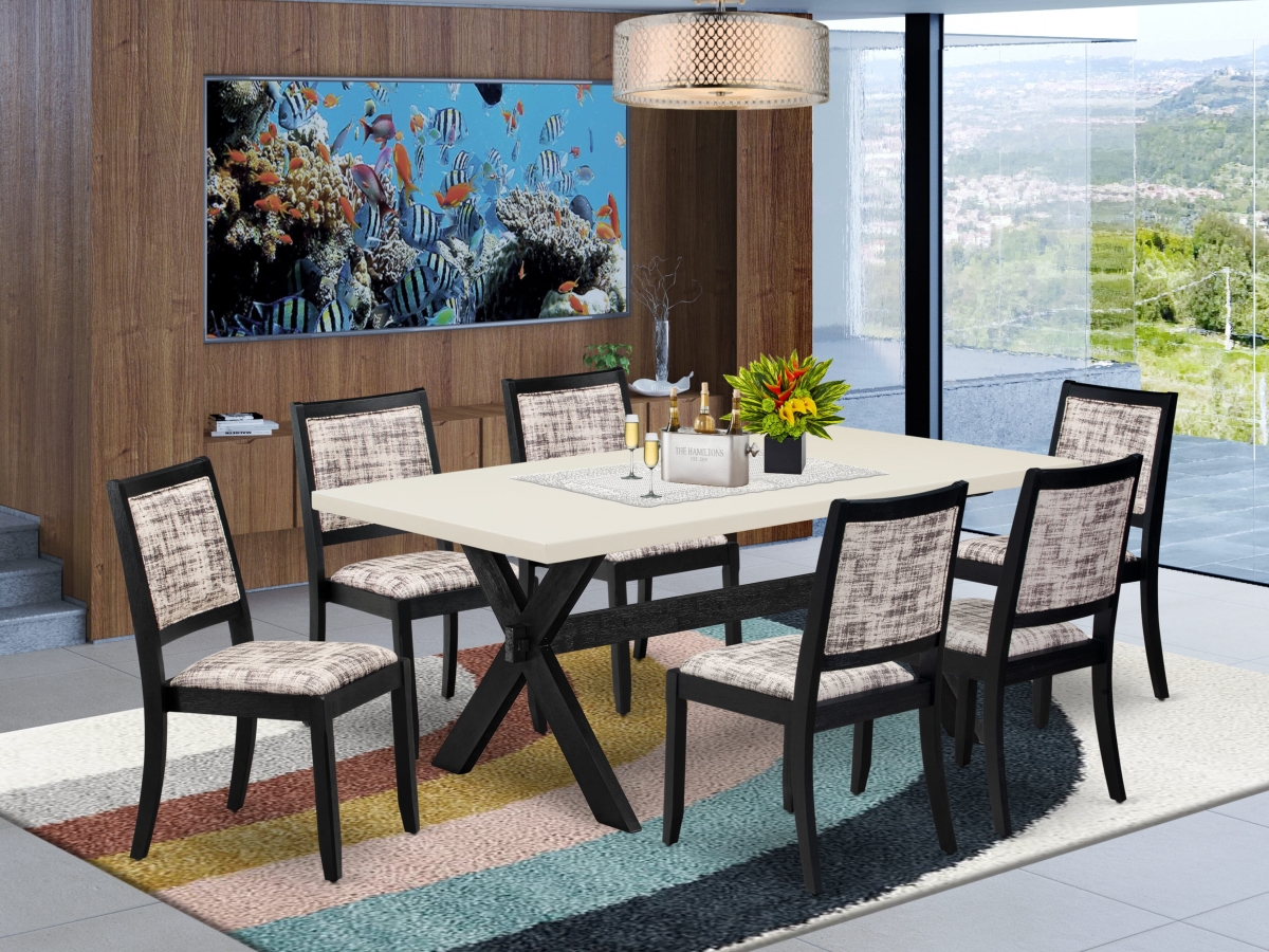 X627X2630-7 Dining Set, Linen White - A Dinner Table & 6 Stackable Chairs with White & Gray Pattern Faux Leather Fabric - 7 Piece