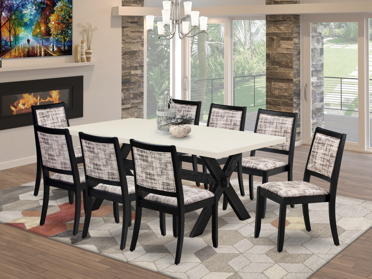 X627X2630-9 Modern Kitchen Set, Linen White - A Table & 8 Stackable Chairs with White & Gray Pattern Faux Leather Fabric - 9 Piece