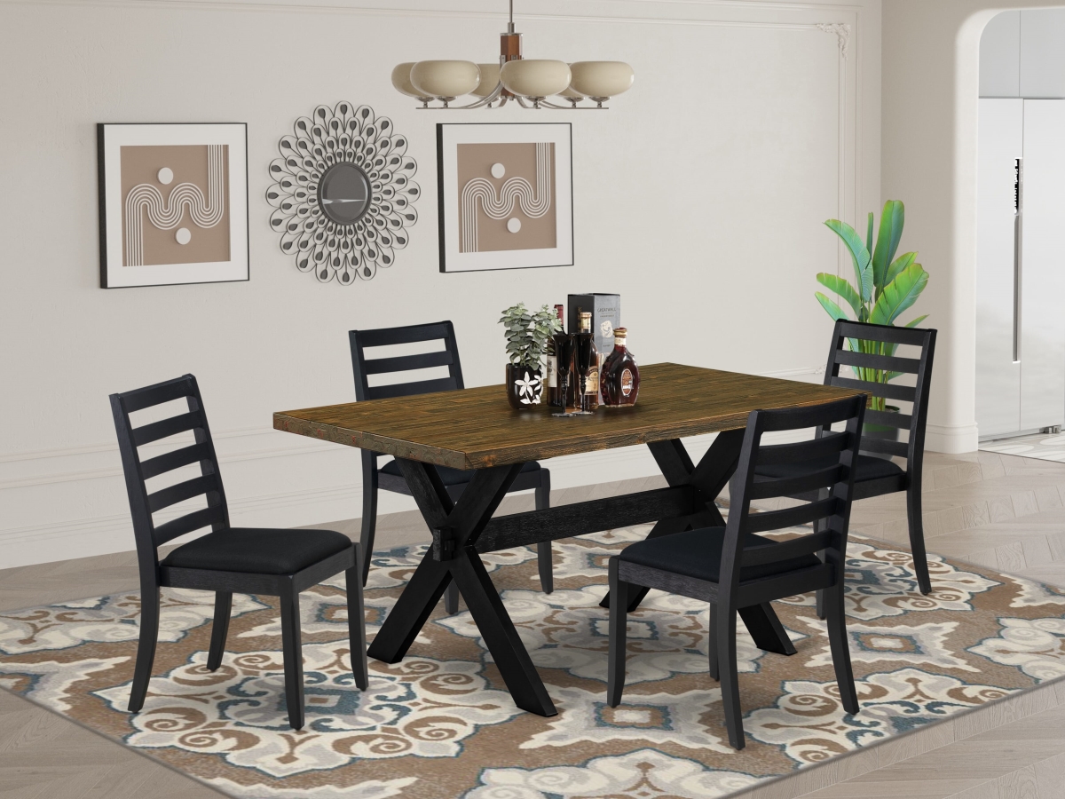 X676X1624-5 Dining Set, Distressed Jacobean - A Dinner Table & 4 Stackable Kitchen Chairs with Black Linen Fabric - 5 Piece