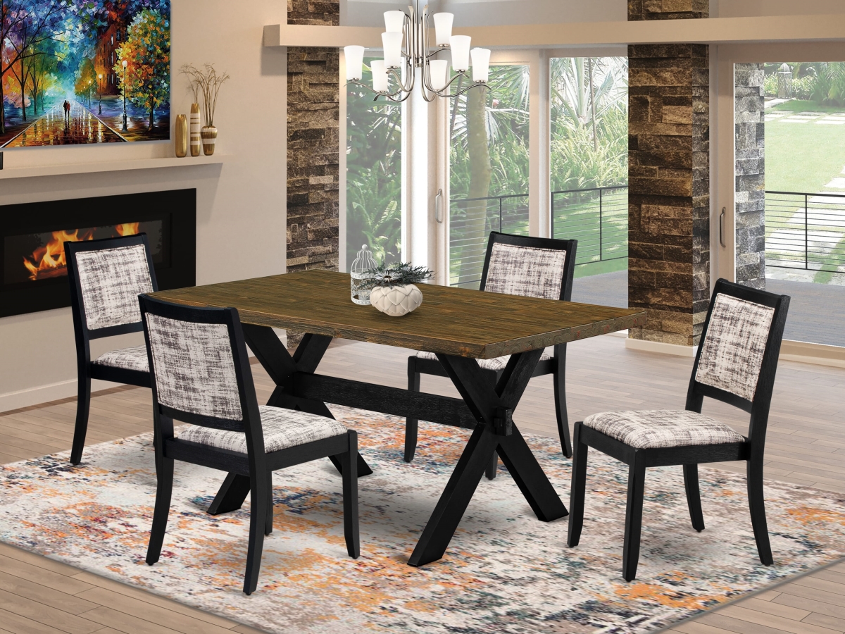 X676X2630-5 Kitchen Set, Distressed Jacobean - A Dining Table & 4 Stackable Chairs with White & Gray Pattern Faux Leather Fabric - 5 Piece