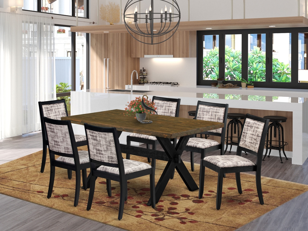 X676X2630-7 Dining Set, Distressed Jacobean - A Table & 6 Stackable Chairs with White & Gray Pattern Faux Leather Fabric - 7 Piece