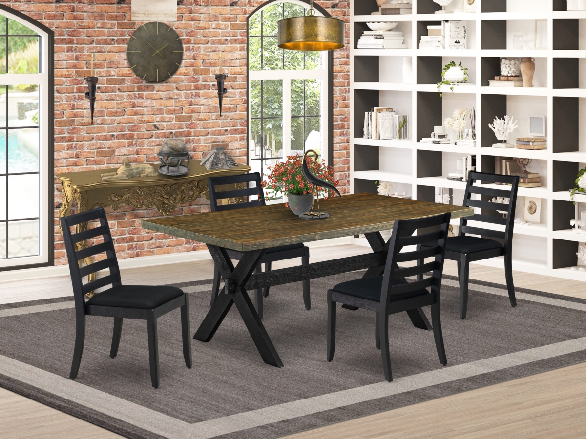 X677X1624-5 Kitchen Table Set, Distressed Jacobean - A Dinner Table & 4 Stackable Chairs with Black Linen Fabric - 5 Piece